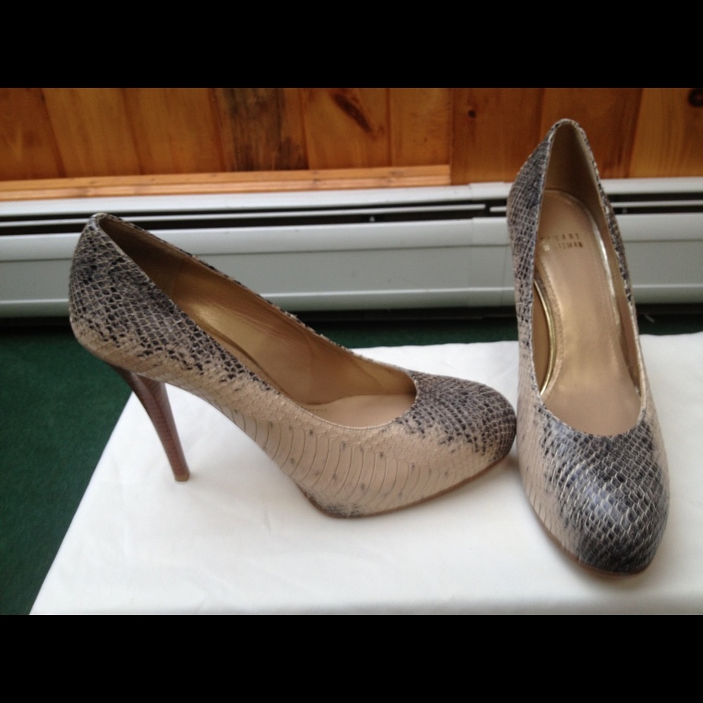 Stuart Weitzman beige croc with wooden heels.